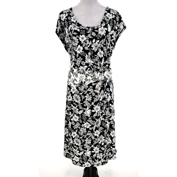 Lands End Dress Plus Sz 2X Black Ivory Floral Stretch Knit Midi Fit n Flare 20W - Picture 1 of 16